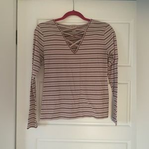 Long Sleeve Criss Cross V neck detail pink red white stripe top Size Large